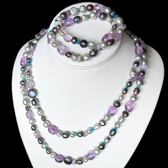 Honora 40 in Pearl & Amethyst Gemstone Necklace and Bracelets, Black, Silver - Picture 5 of 13